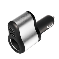 Car charger 3-in-1, w. 2x USB 1x lighter, black/silver