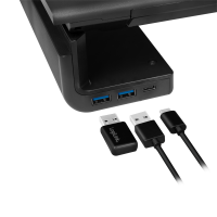 Ergonomic tabletop monitor riser, 420–520 mm long, 2x USB 3.0, 1x USB-C