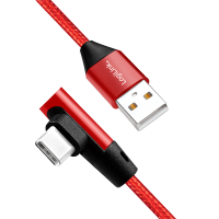 USB 2.0 Type-C cable, C/M (90°) to USB-A/M, fabric, red, 0.3 m