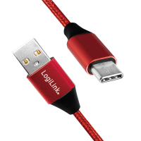 USB 2.0 Type-C cable, C/M to USB-A/M, fabric, red, 0.3 m