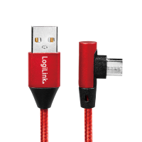 USB 2.0 cable, USB-A/M to Micro-USB/M 90°, fabric, metal, red, 0.3 m