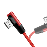 USB 2.0 cable, USB-A/M to Micro-USB/M 90°, fabric, metal, red, 0.3 m