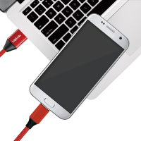 USB 2.0 cable, USB-A/M to Micro-USB/M, fabric, metal, red, 0.3 m