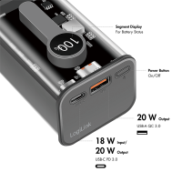 Power bank 10000 mAh, 1x USB-A, 1x USB-C, with display, PD & QC, transp.