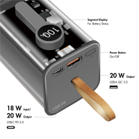 Power bank 20000 mAh, 1x USB-A, 1x USB-C, with display, PD & QC, transp.