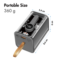 Power bank 20000 mAh, 1x USB-A, 1x USB-C, with display, PD & QC, transp.