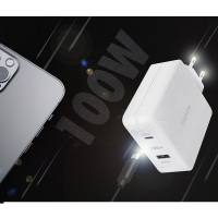 Dual USB power socket adapter, GaN, 1x USB-C (PD), 1x USB-A, 100 W, white