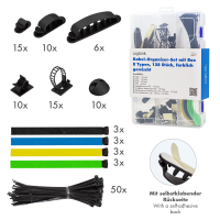 Cable organizer set in a box, 8 items, 128 pcs., mixed color