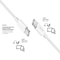 USB 2.0 Type-C cable, C/M to C/M, nylon jacket, 60W, white, 1 mtr